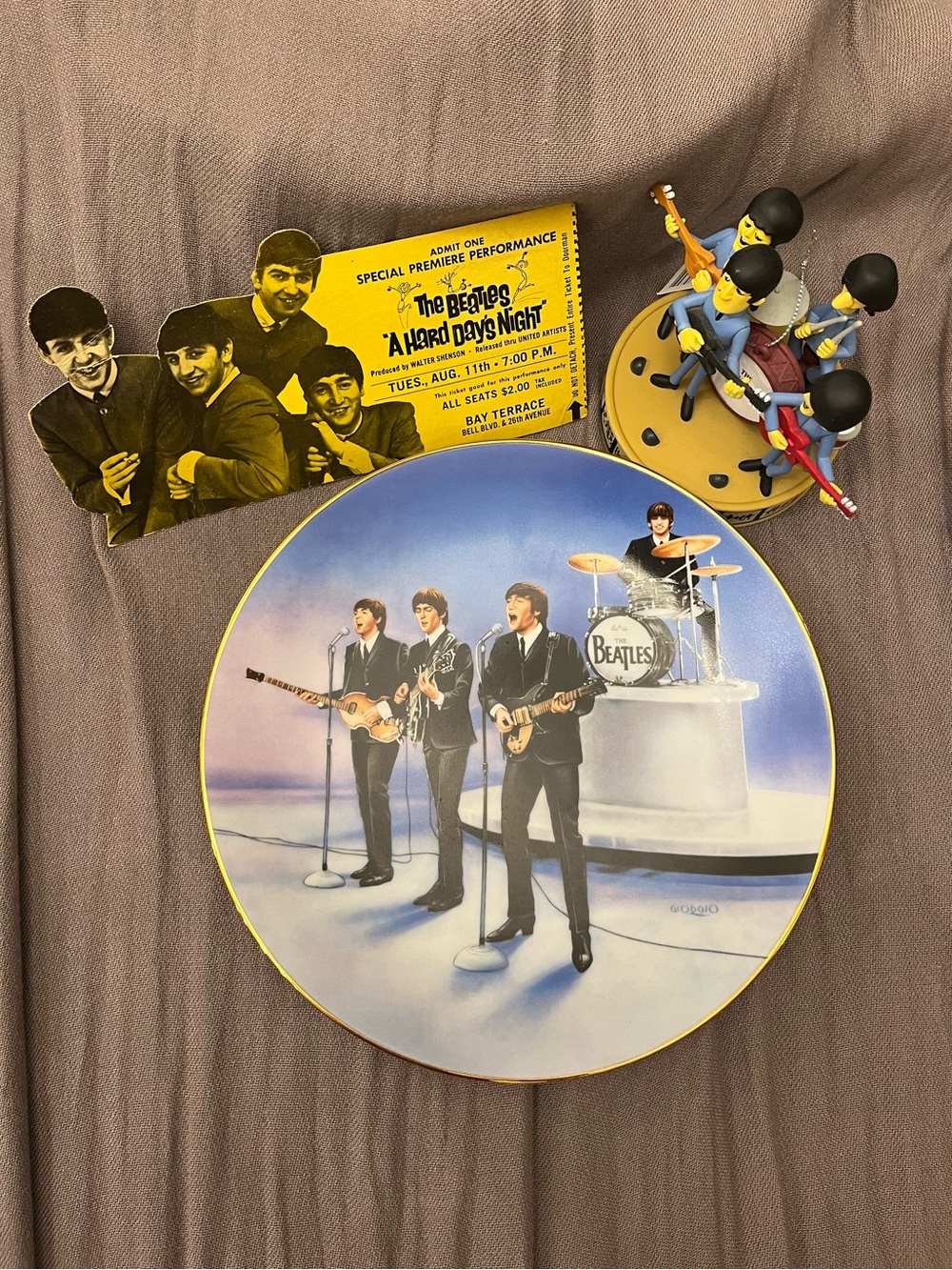 The Beatles Collector’s Set - Plate, Figurines, and Original Movie Ticket